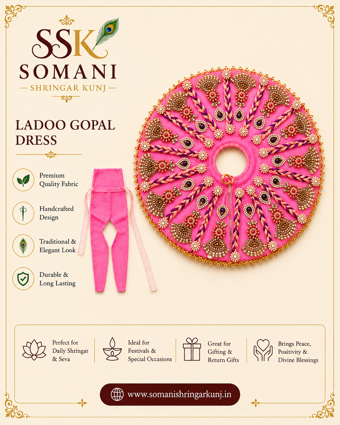 Pink Premium Heavy Work Laddu Gopal Dress 5 - 6 No.
