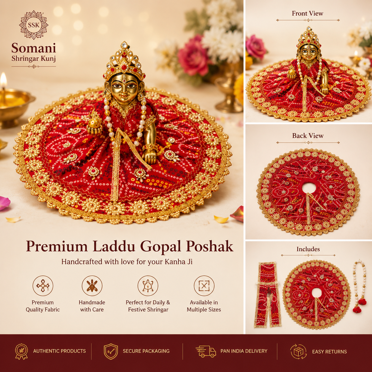 Laddu Gopal Poshak Size 6 (No. 6) – Premium Bandhej Print Dress | Handmade Shringar Set