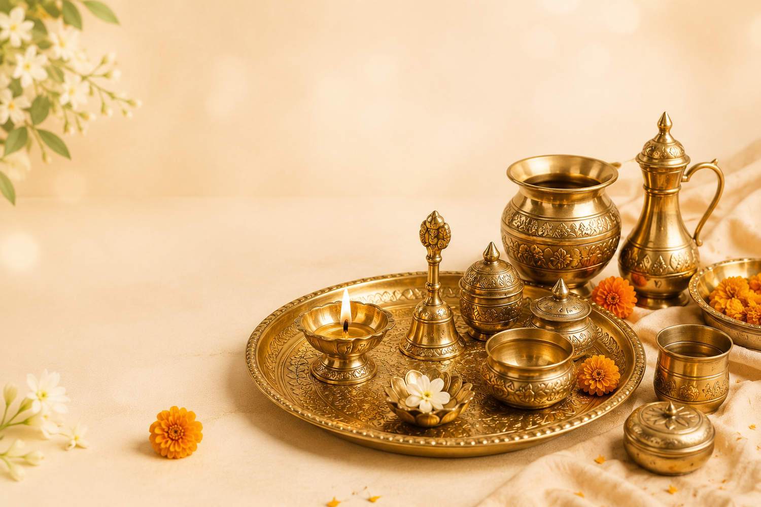 Brass Puja Essentials Collection – Bhog Thalis, Diyas, Ghantis & More