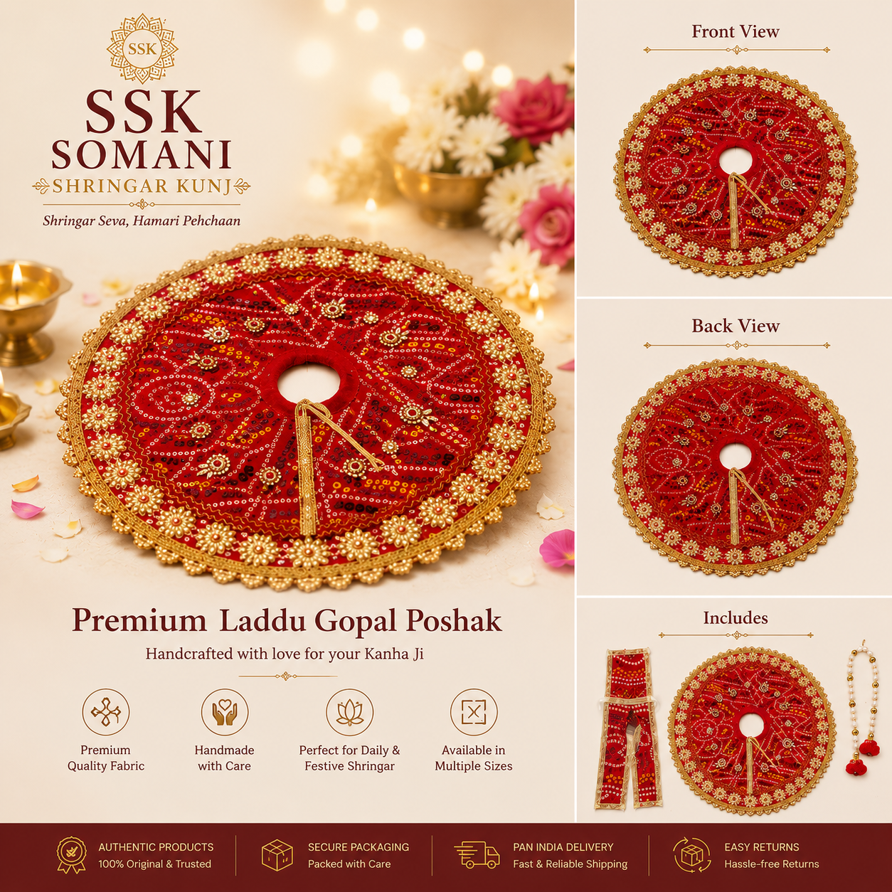 Laddu Gopal Poshak Size 6 (No. 6) – Premium Bandhej Print Dress | Handmade Shringar Set